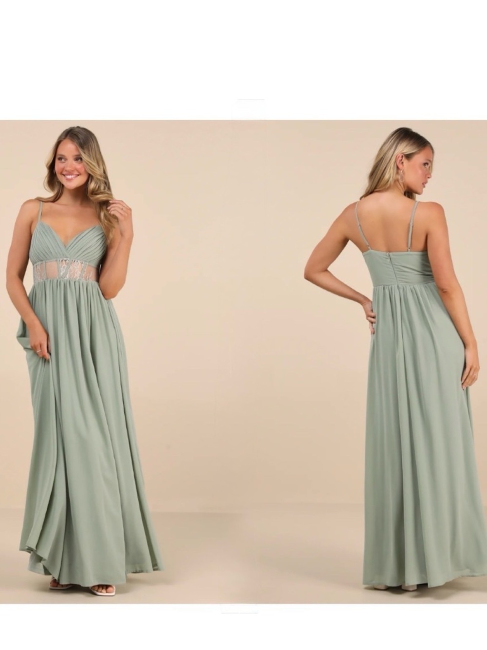 NWT Lulus Kaylin Sage Pleated Lace Maxi Dress XS